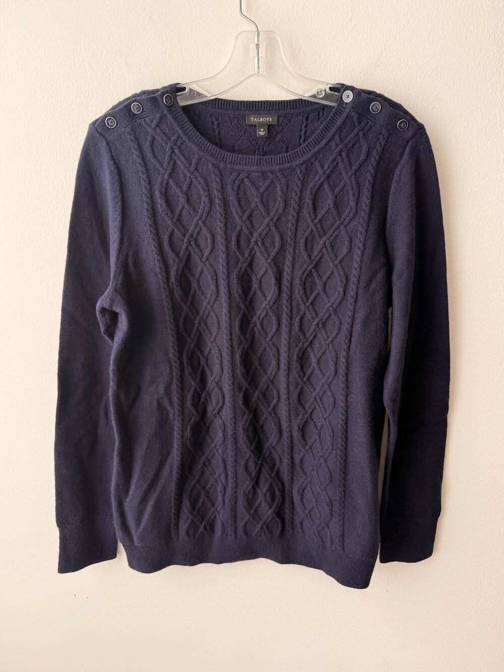 Talbots Wool Chunky Cable Knit Navy Blue Sweater Women M Preppy Fisherman Top